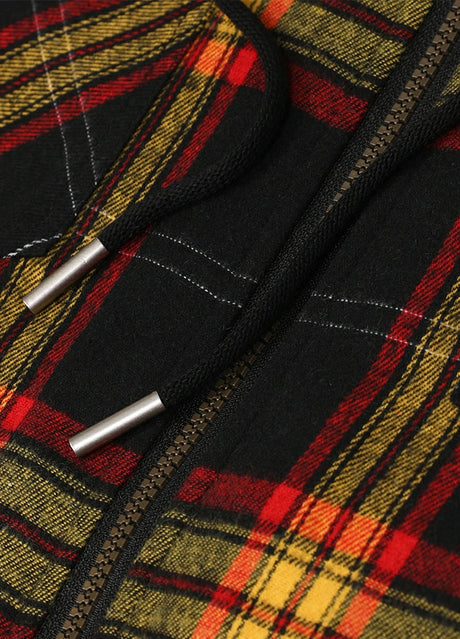 Close-up of the drawstring of ebony gold men's warm flannel shirt jacket with hood