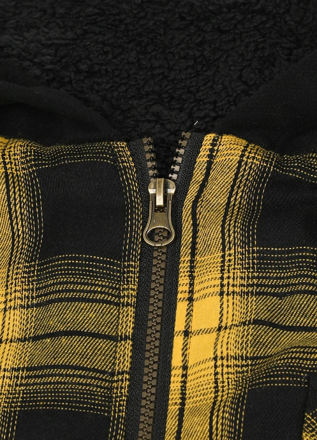 Close-up of the zipper of bold yellow warm sherpa lined shirt jacket for men