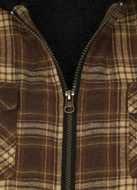 Close-up of the zipper of chocolate men's insulated flannel shirt jacket with hood 