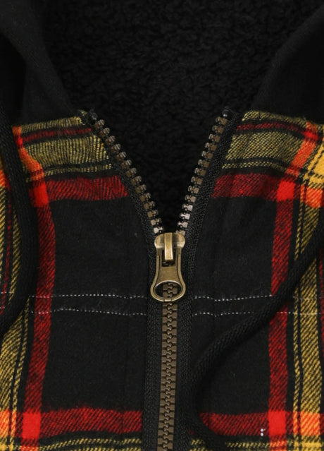 Close-up of the zipper of ebony gold men's insulated flannel shirt jacket with hood 