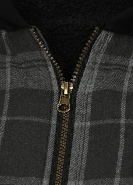 Close-up of zipper of haze black warm sherpa lined shirt jacket for men