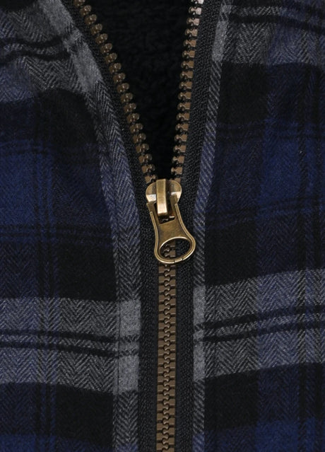 Close-up of the zipper of serene slate men's insulated flannel shirt jacket with hood 