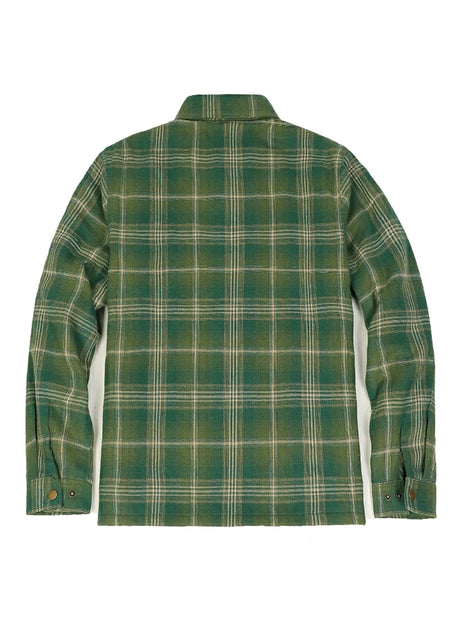 Back view of apple green men's full zip up plaid flannel jacket with fleece lining