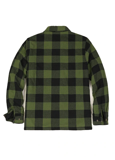 Back view of army green men's full zip up plaid flannel jacket with fleece lining