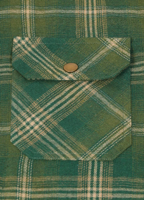 Close-up of the pocket of apple green men's cozy fleece lined zipper flannel plaid shacket