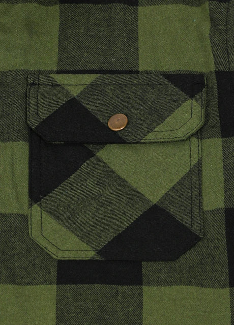 Close-up of the pocket of army green men's cozy fleece lined zipper flannel plaid shacket