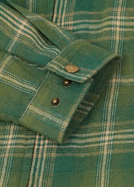 Close-up of the cuff of apple green men's warm zipper plaid flannel jacket with fleece lining