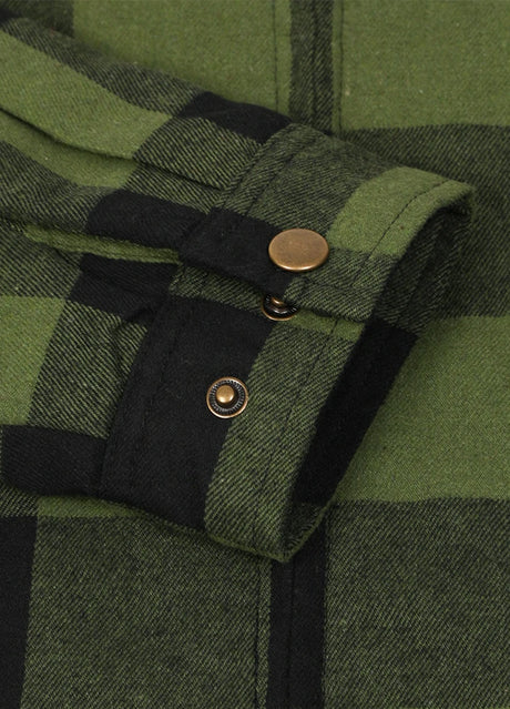 Close-up of the cuff of army green men's warm zipper plaid flannel jacket with fleece lining