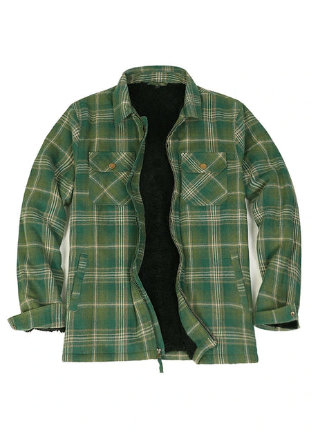 Front view of apple green men's fleece lined flannel shirt jacket