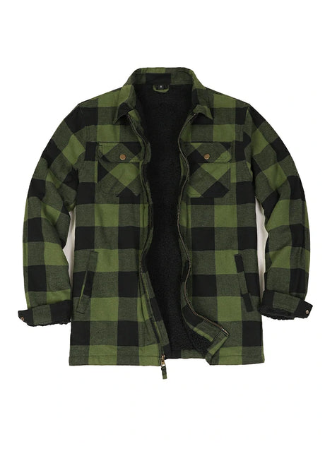 Front view of army green men's fleece lined flannel shirt jacket