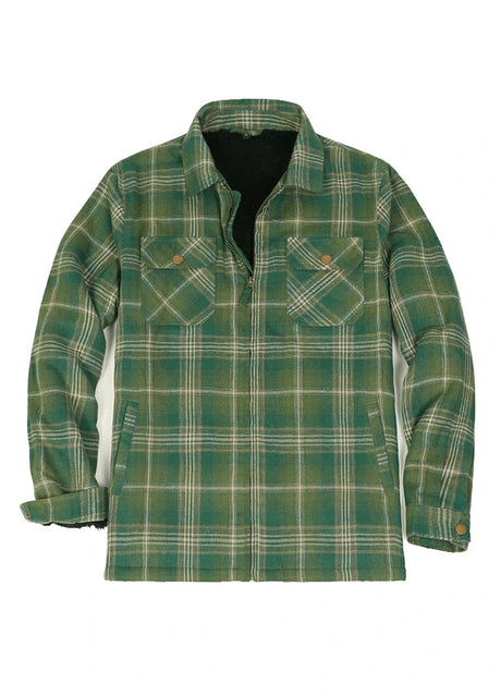 Front view of zipper closed apple green men's fleece lined flannel plaid shirt jacket