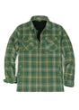 Front view of zipper closed apple green men's fleece lined flannel plaid shirt jacket