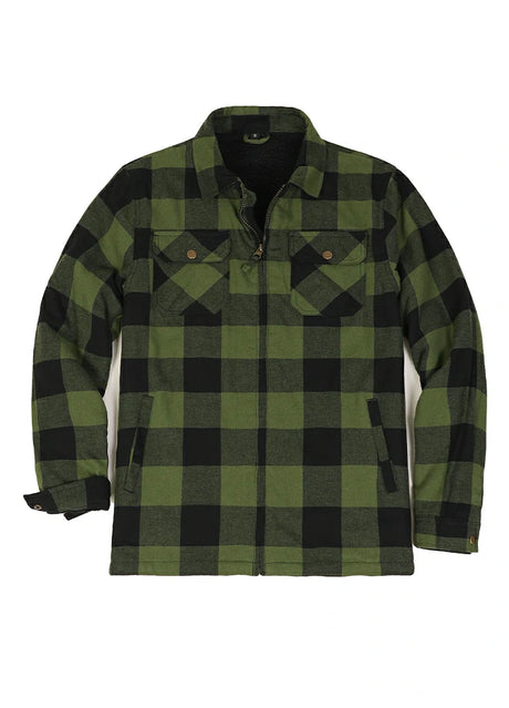 Front view of zipper closed army green men's fleece lined flannel plaid shirt jacket