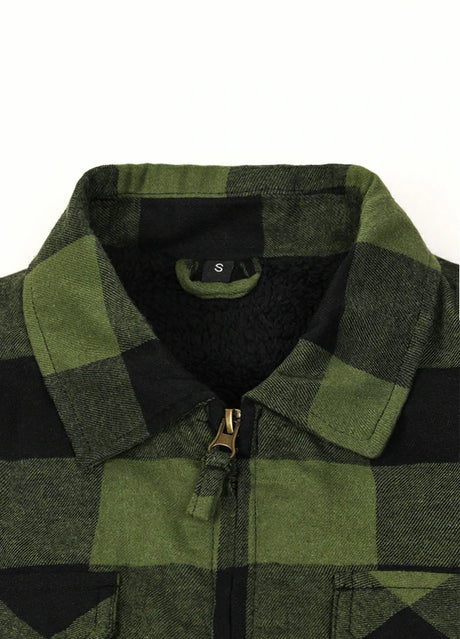 Close-up of the lapel of army green winter zipper flannel shirt jacket for men