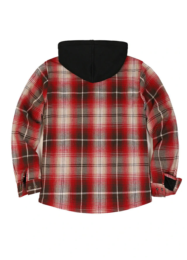 Back view of crimson shadow men's flannel plaid jacket with hood