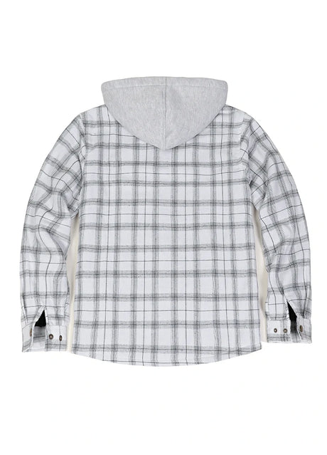 Back view of silver scape snap button flannel hoodie for men