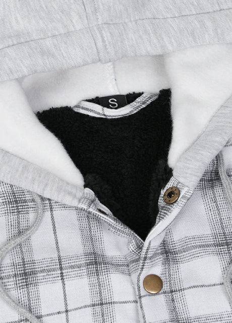 Close-up of the hood of silver scape men's snap button flannel jacket with hood