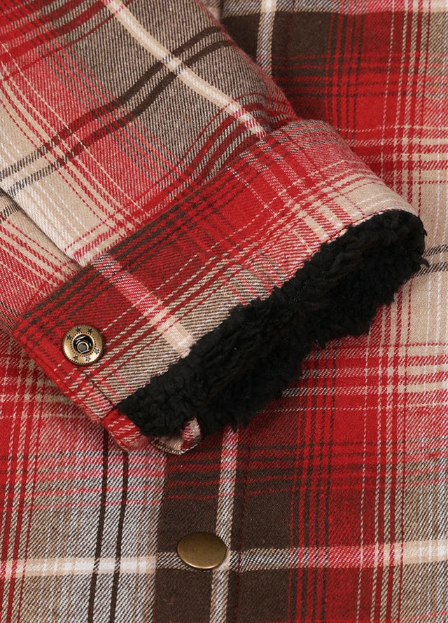 Close-up of the roll up cuff of crimson shadow men's stylish hooded flannel jacket