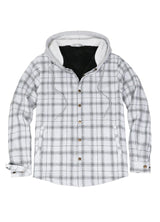  Front view of the zipper closed of silver scape men's hooded snap front flannel plaid jacket