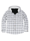  Front view of the zipper closed of silver scape men's hooded snap front flannel plaid jacket