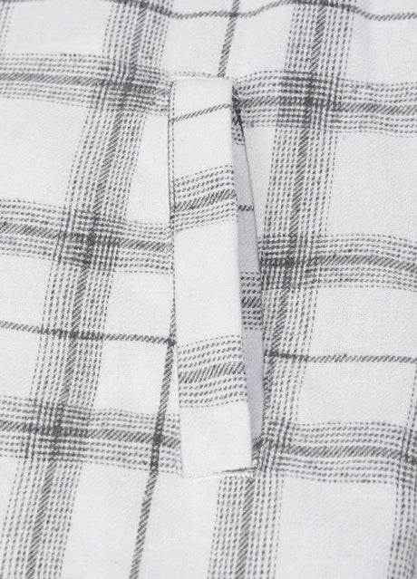 Close-up of the hand pocket of silver scape men's snap button flannel plaid hoodie