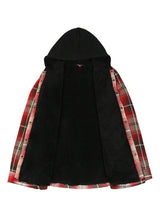  Front view of the lining of crimson shadow men's cozy hooded flannel shacket