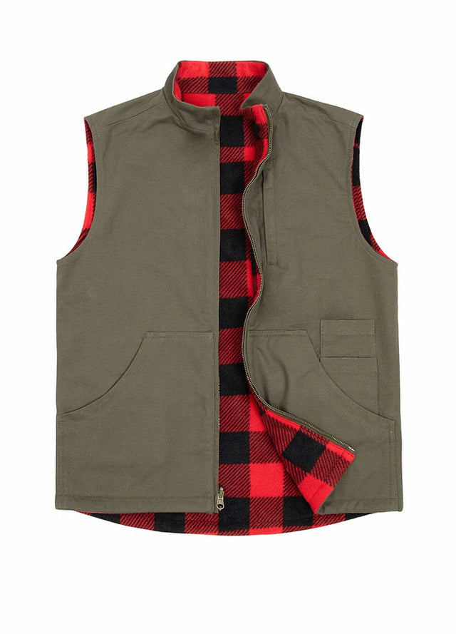 Front view of army green men's reversible vest