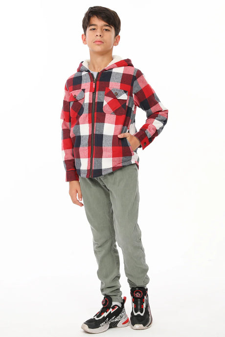 A boy in red navy sherpa lined flannel jacket