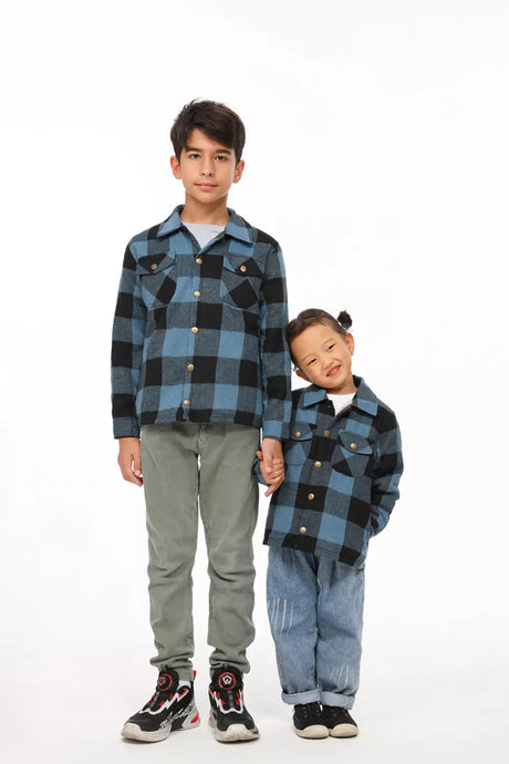 Two children in blue black toddler sherpa lined flannel plaid shacket