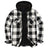 Front view of black beige men's zipper flannel shirt jacket with hood 