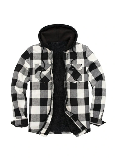 Front view of black beige men's zipper flannel shirt jacket with hood 