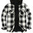 Front view of black beige men's zipper flannel shirt jacket with hood 