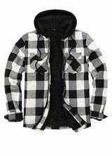 Front view of black beige men's zipper flannel shirt jacket with hood 