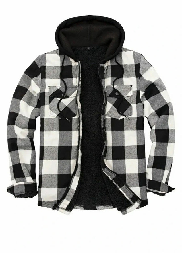 Front view of black beige men's zipper flannel shirt jacket with hood 