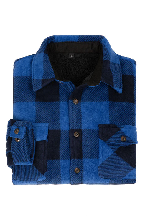 A high view of folded buffalo blue black men's button closure jacket with sherpa lining