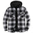 Front view of black white men's zipper flannel shirt jacket with hood 