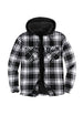 Front view of black white men's zipper flannel shirt jacket with hood 