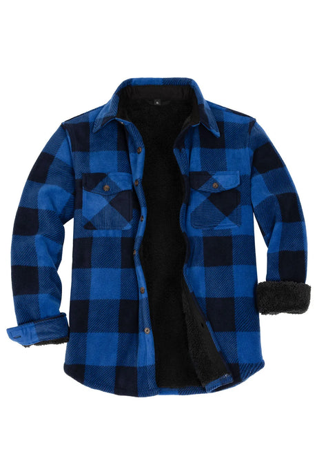 Front view of buffalo blue black men's plaid sherpa lined shirt jacket