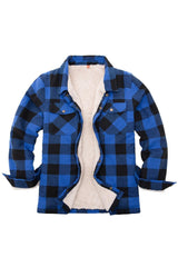 Front view of kids checkered blue flannel shacket