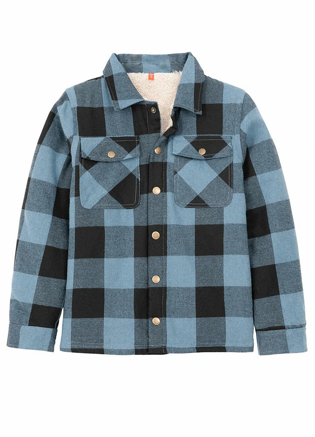 Front view of kids light checkered blue black flannel shacket