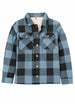 Front view of kids light checkered blue black flannel shacket