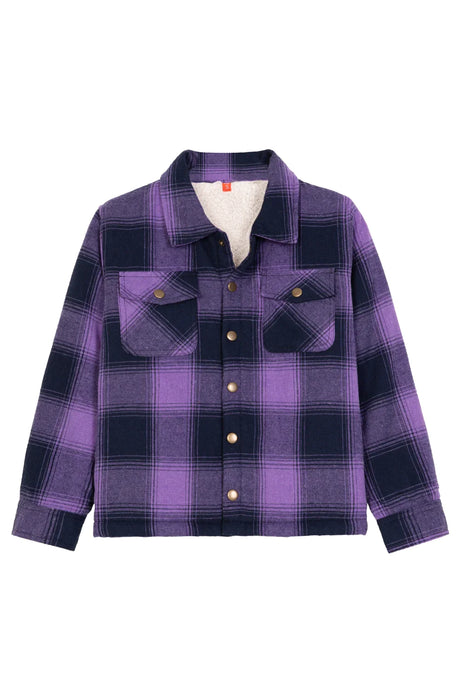 Front view of kids purple flannel shacket