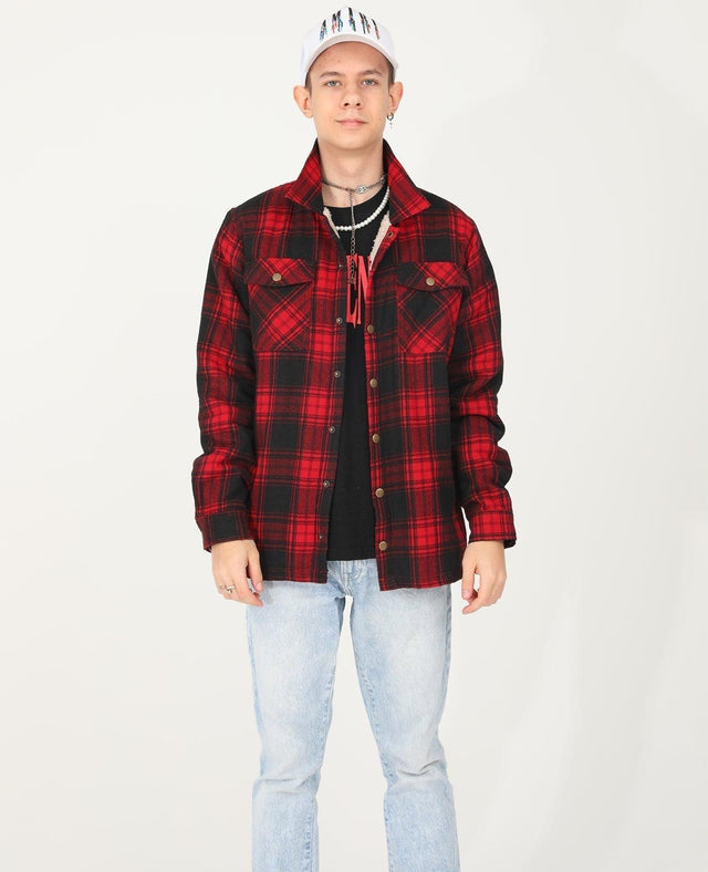 A handsome boy wearing a red flannel shacket