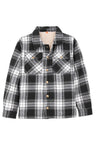 Front view of kids black white flannel shacket