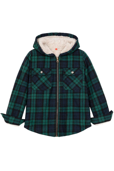 Front view of boys black watch flannel jacket