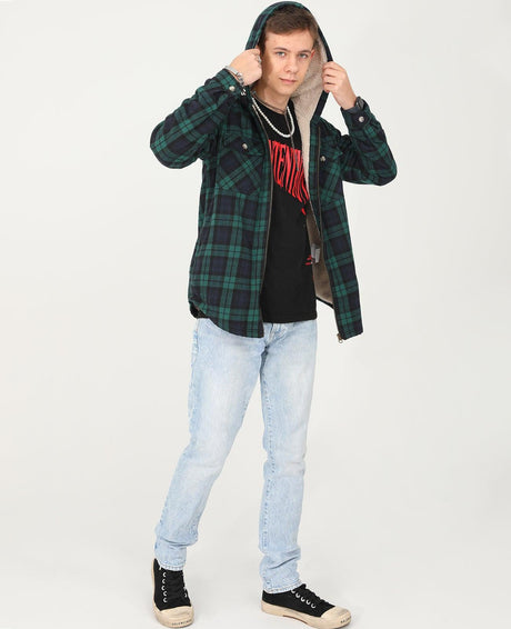 Boy wearing black watch sherpa lined flannel jacket