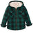 Front view of boys green plaid flannel jacket