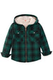 Front view of boys green plaid flannel jacket