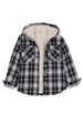 Front view of boys black grey white flannel shirt jacket