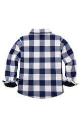 Back view of boys navy white flannel shirt jacket